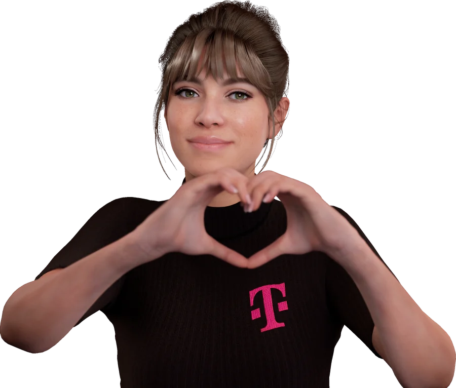 MIA, der Digital Human der Deutschen Telekom, formt mit den Händen ein Herz
